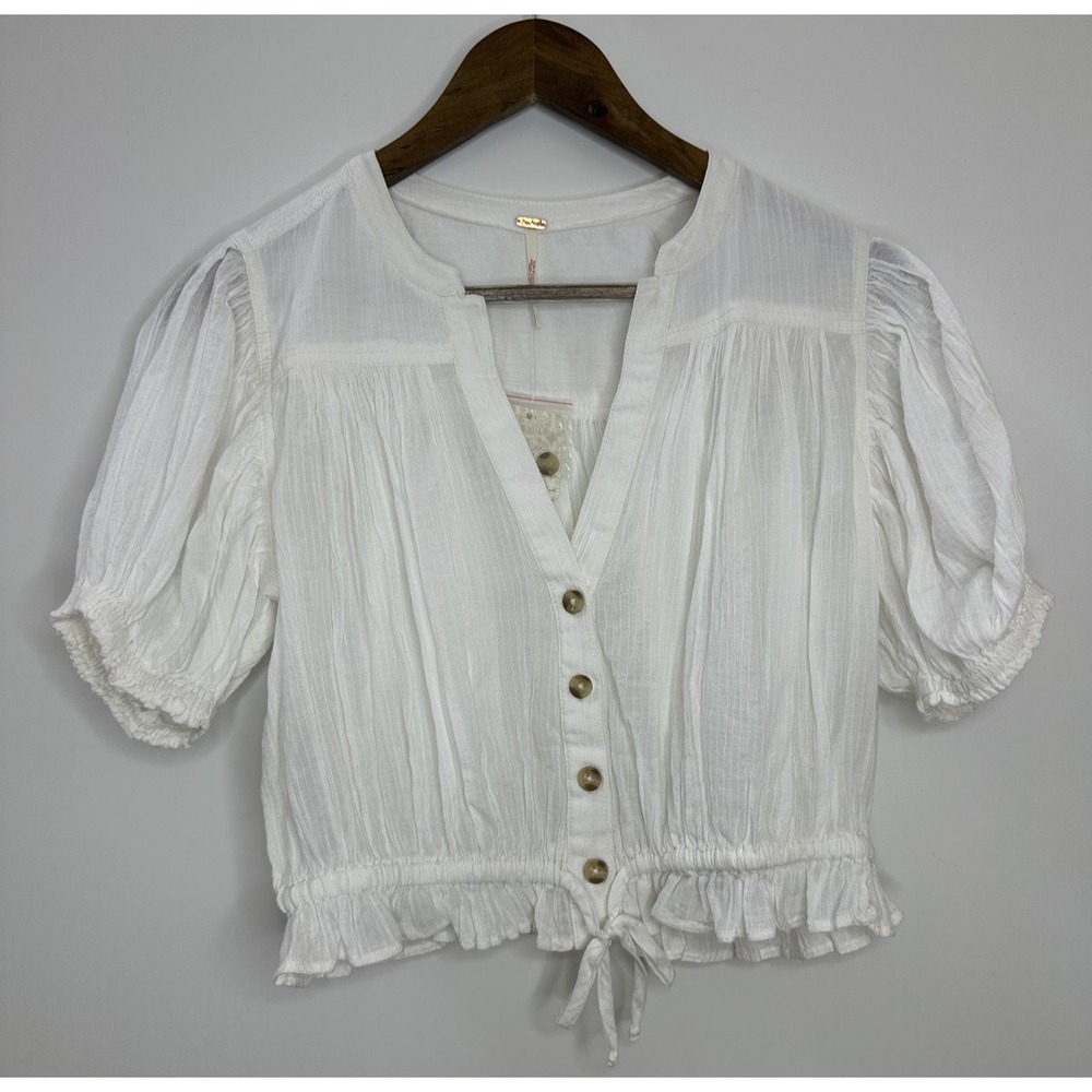 NEW Free People Little Cloud Button-Up Crop Top V-Neck Short Sleeve Sheer XS - Picture 13 of 14